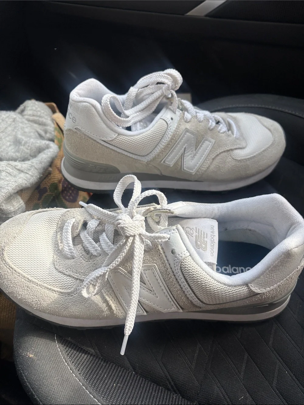 New Balance Off-White and Light Gray Suede Mesh Sneakers